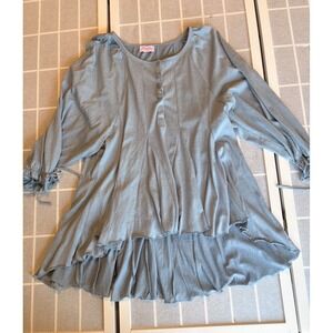 Pink Lily Boho Flowy Tie Sleeve Peasant Blouse Empire Seam Ruffle Hem Blue Sz L